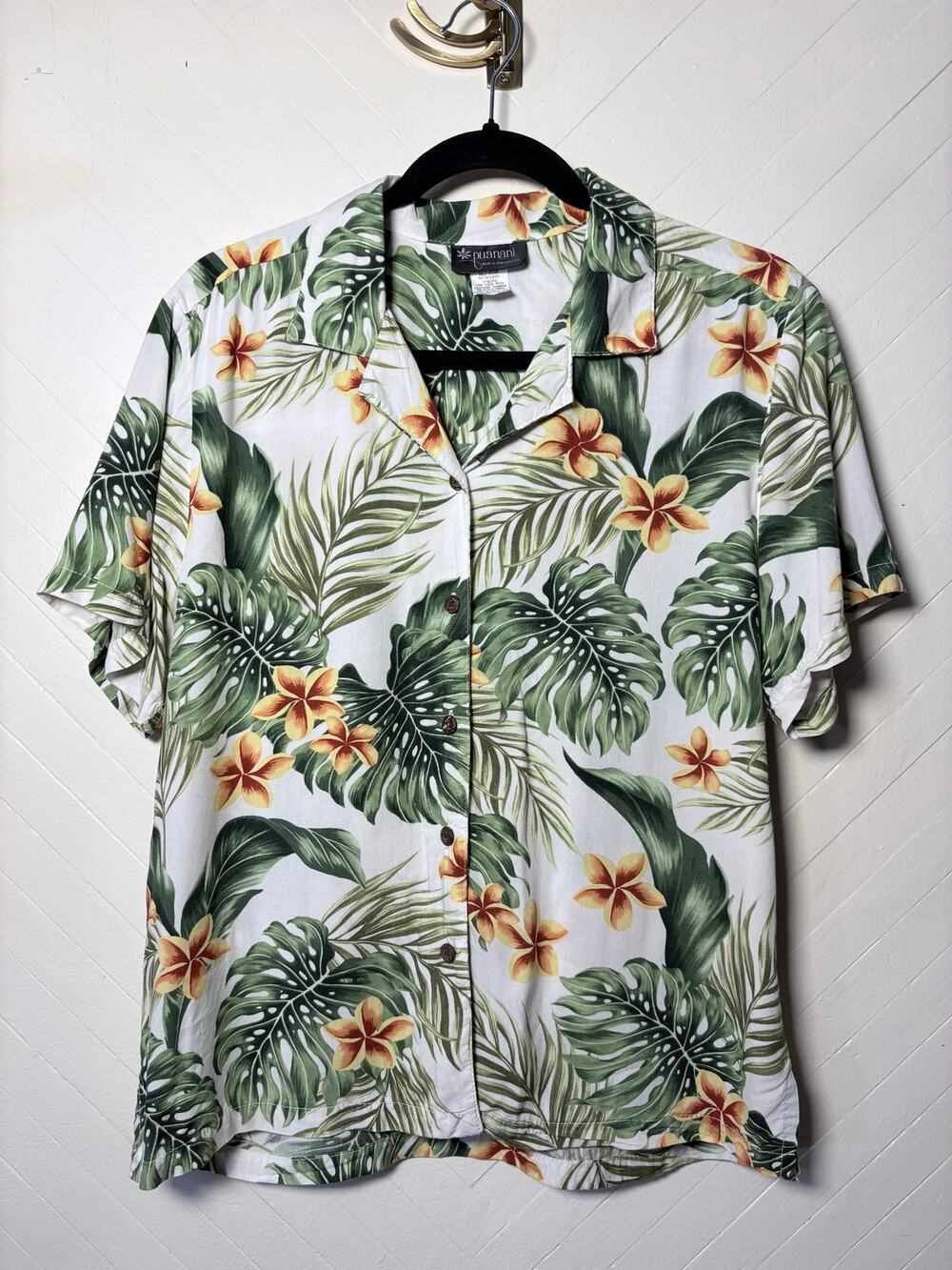 Vintage Puanani Monstera Plumeria Tropical Hawaiian Button Up Womens Size Medium